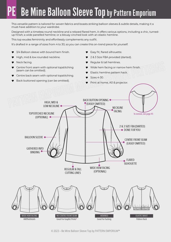 Pattern Emporium - Be Mine/ Balloon Sleeve Top Sewing Pattern - Digital Pattern