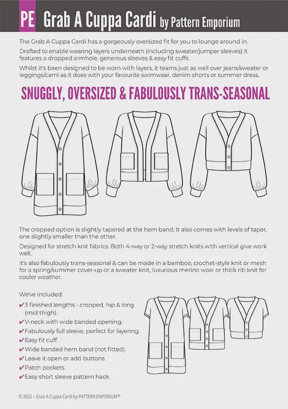 Pattern Emporium - Grab A Cuppa Cardi/ Oversized Cardi Sewing Pattern - Digital Pattern