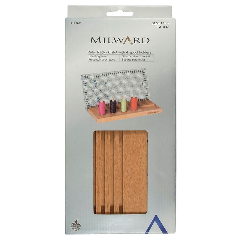 MILWARD GREEN 6 Slot Ruler Rack with Storage - Beech Wood