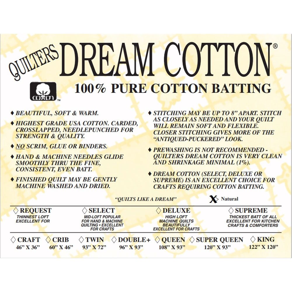 Quilters Dream Cotton Batting - #8 Supreme | Craft Size 46&quot; x 36&quot; in Natural