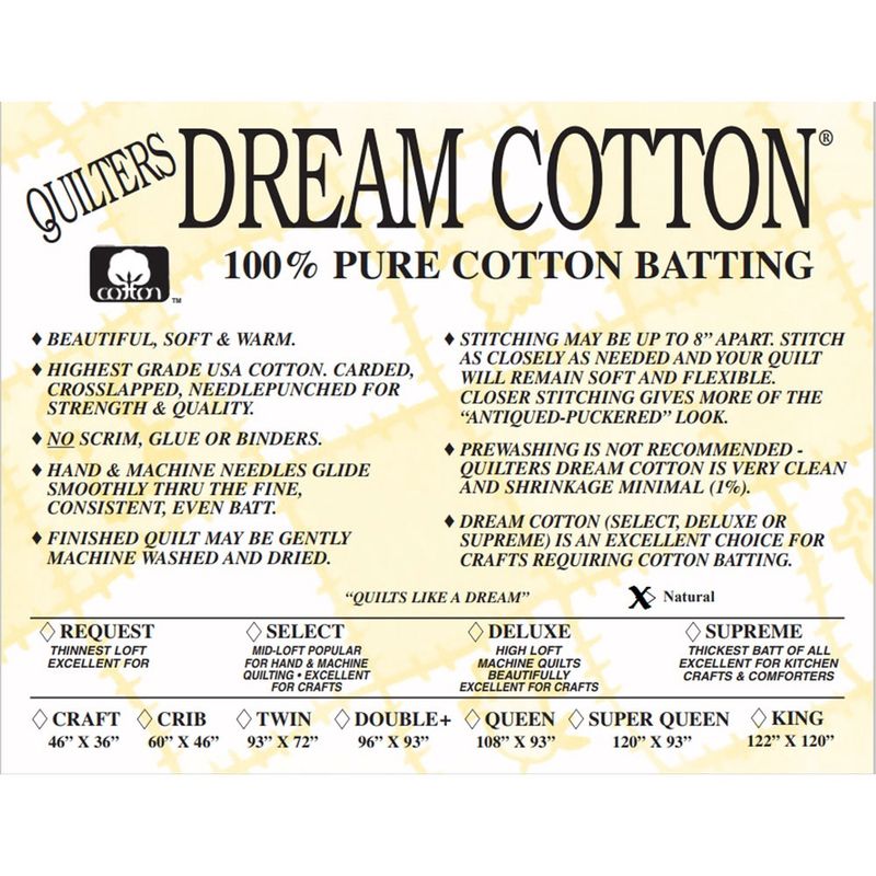 Quilters Dream Cotton Batting - #8 Supreme | Craft Size 46&quot; x 36&quot; in Natural