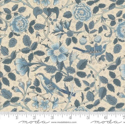 Sacre Bleu Oiseaux Florals Birds in Pearl French Blue By French General For Moda - 13972-12