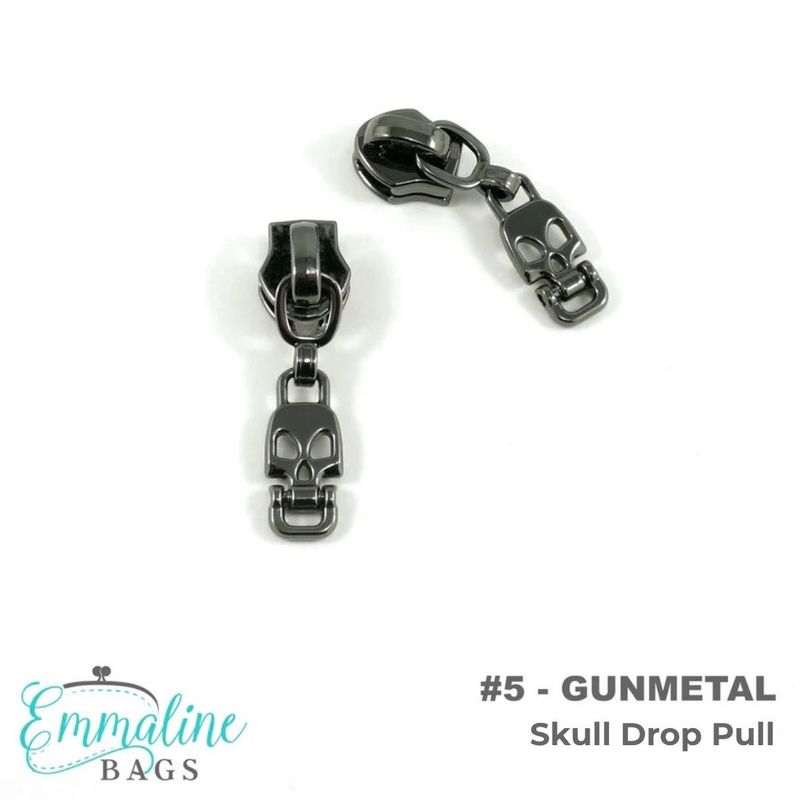 Zipper Slider with Skull Drop Pull - Size #5/Gunmetal  - 1 Pull