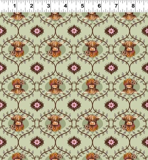 Coneflower Corral Highland Cows in Light Olive by Teresa Magnuson