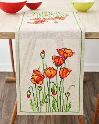 Permin Wild Poppies Table Runner Cross Stitch Kit - Evenweave
