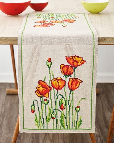 Permin Wild Poppies Table Runner Cross Stitch Kit - Evenweave
