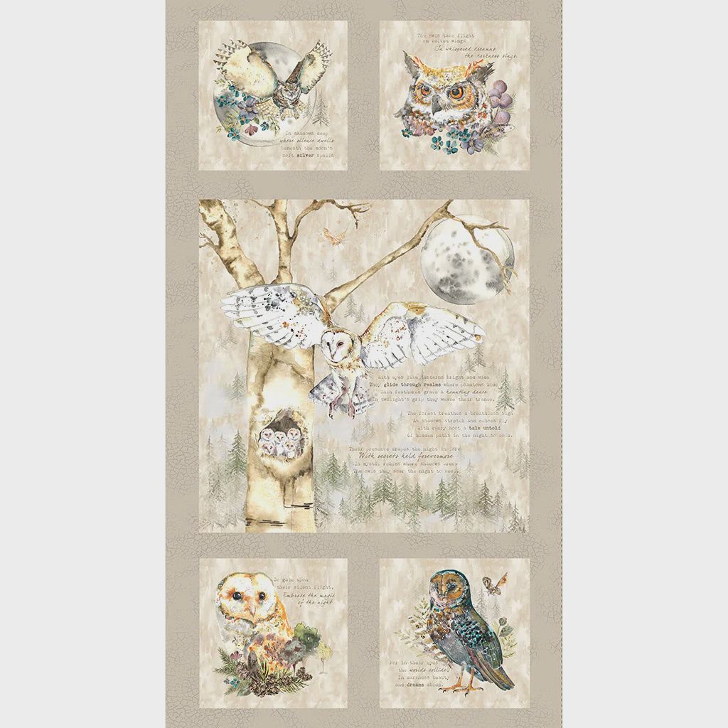 Night Whispers Owl Panel in Taupe by Lexi Grenzer for Clothworks Y4671-62