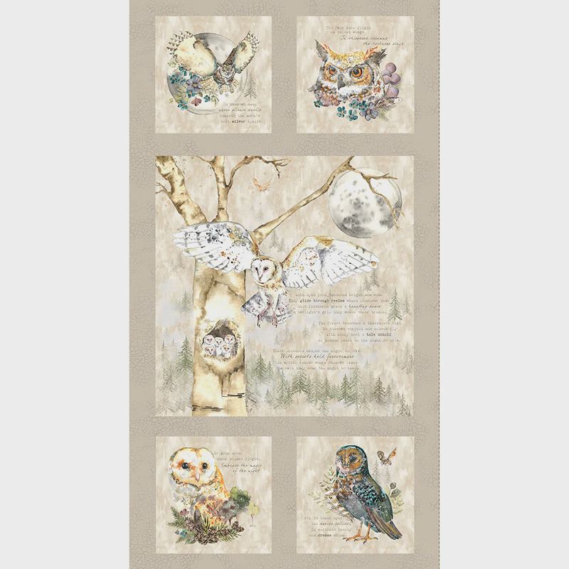 Night Whispers Owl Panel in Taupe by Lexi Grenzer for Clothworks Y4671-62