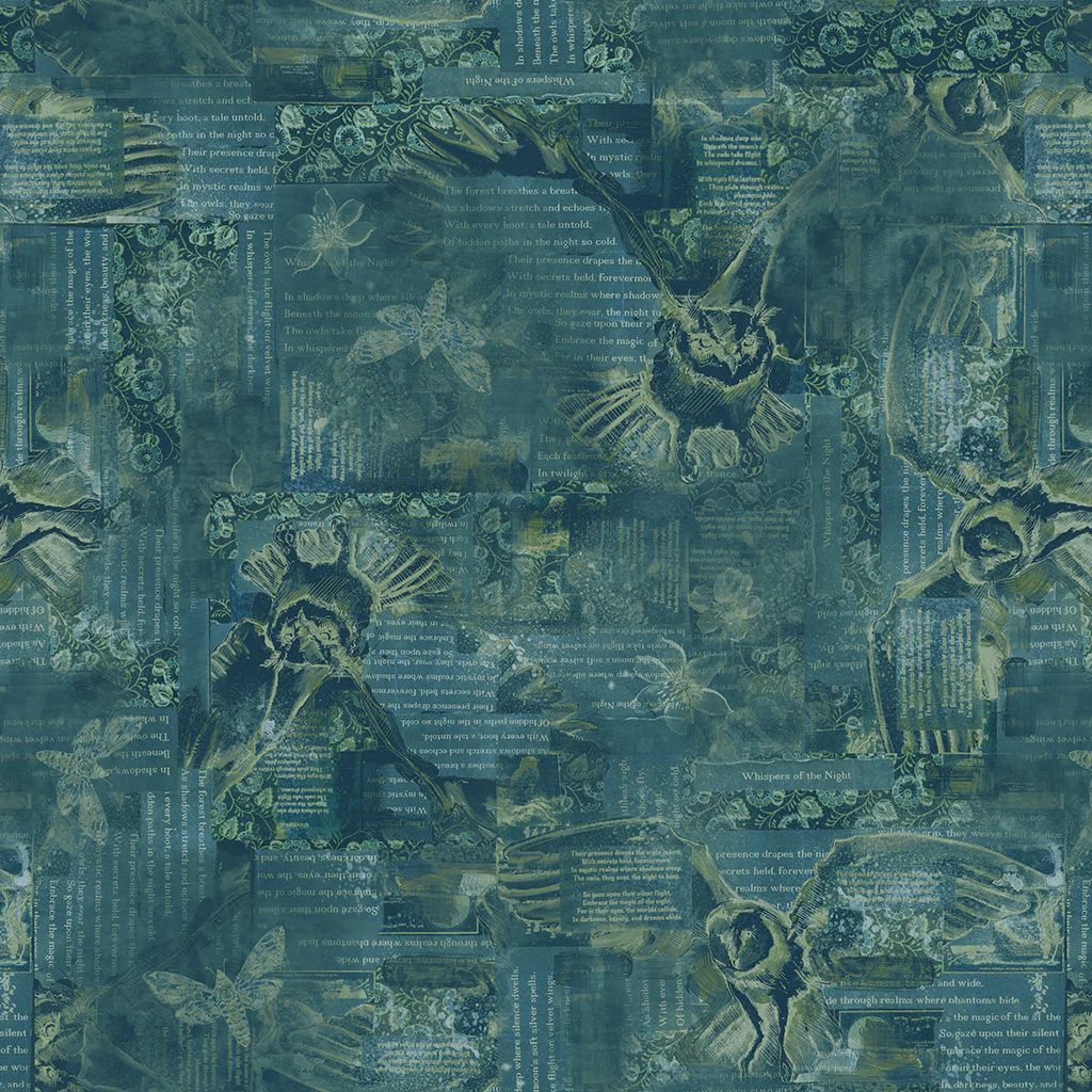 Night Whispers Owl Collage in Dark Teal by Lexi Grenzer for Clothworks  Y4672-105