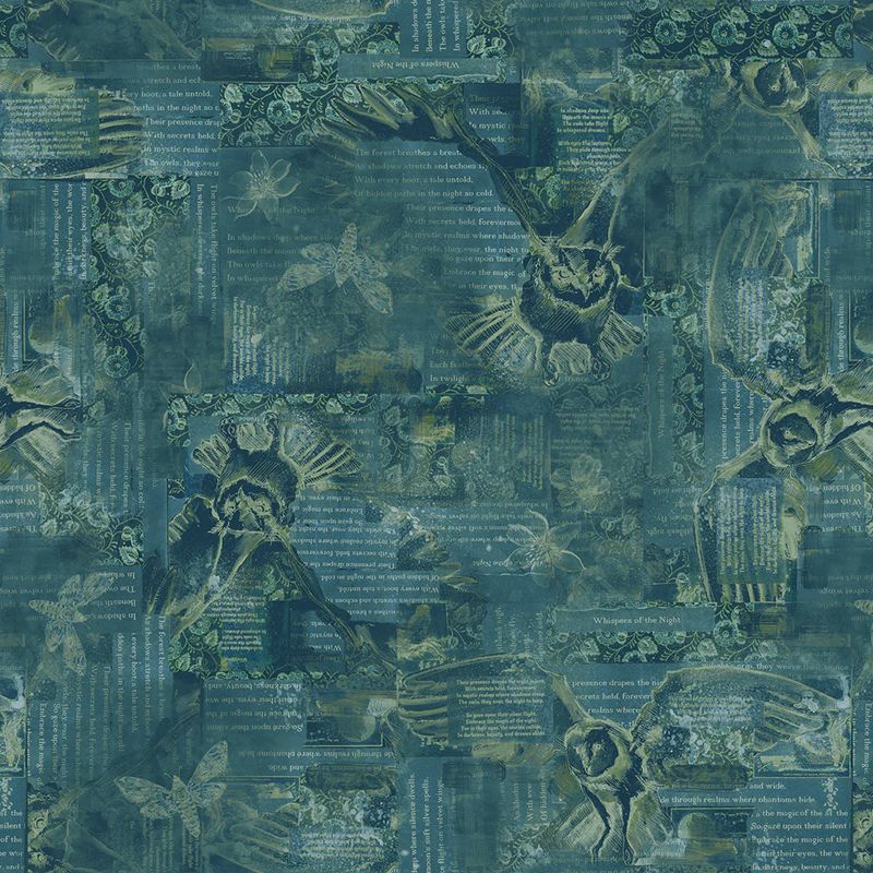 Night Whispers Owl Collage in Dark Teal by Lexi Grenzer for Clothworks  Y4672-105