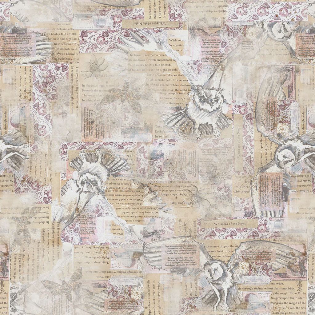 Night Whispers Owl Collage in Khaki by Lexi Grenzer for Clothworks Y4672-12