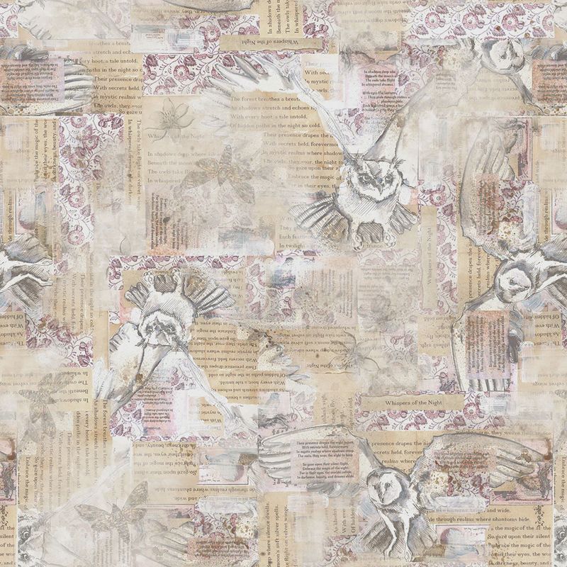 Night Whispers Owl Collage in Khaki by Lexi Grenzer for Clothworks Y4672-12