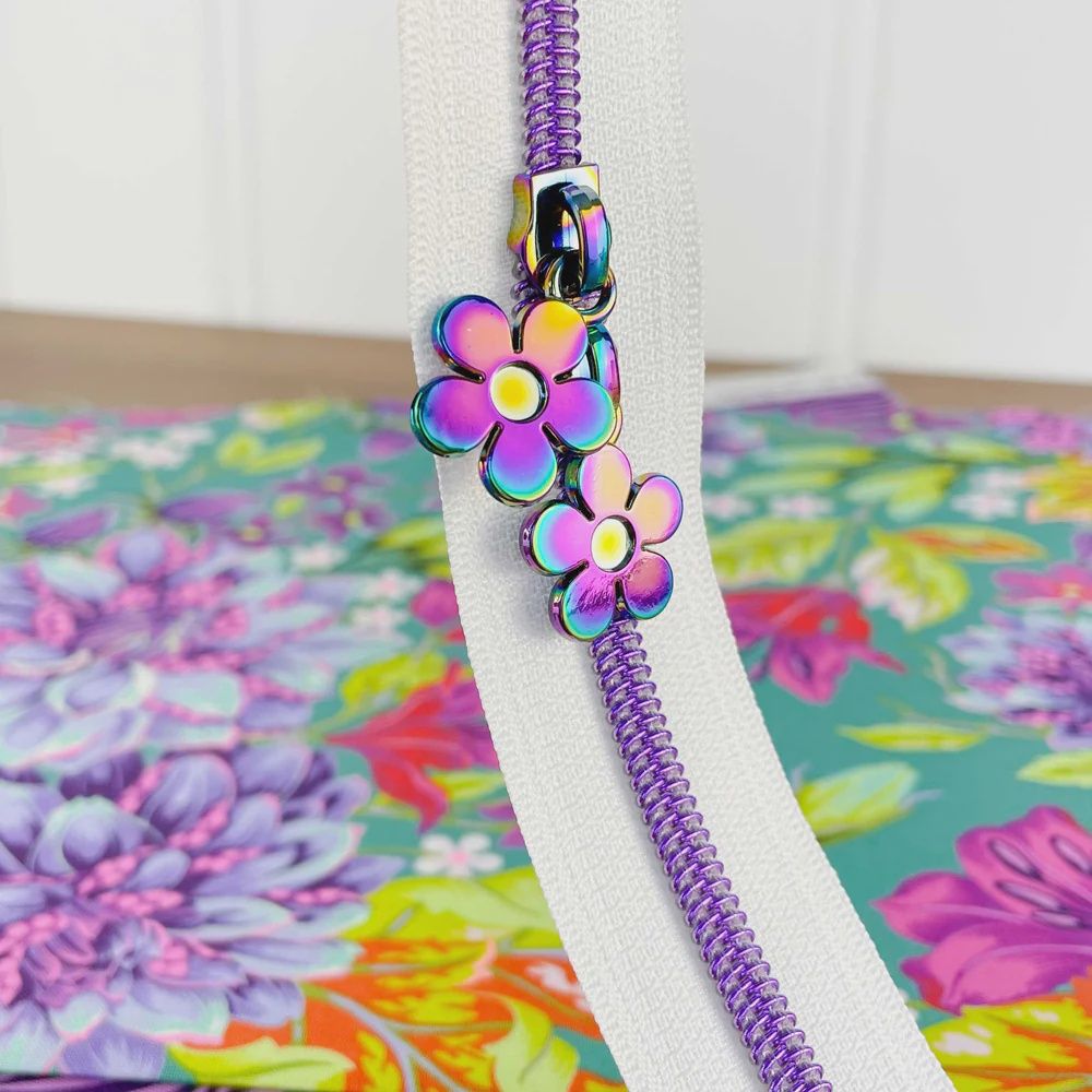 Iridescent Rainbow Flower Zipper Pull for #5 Zipper