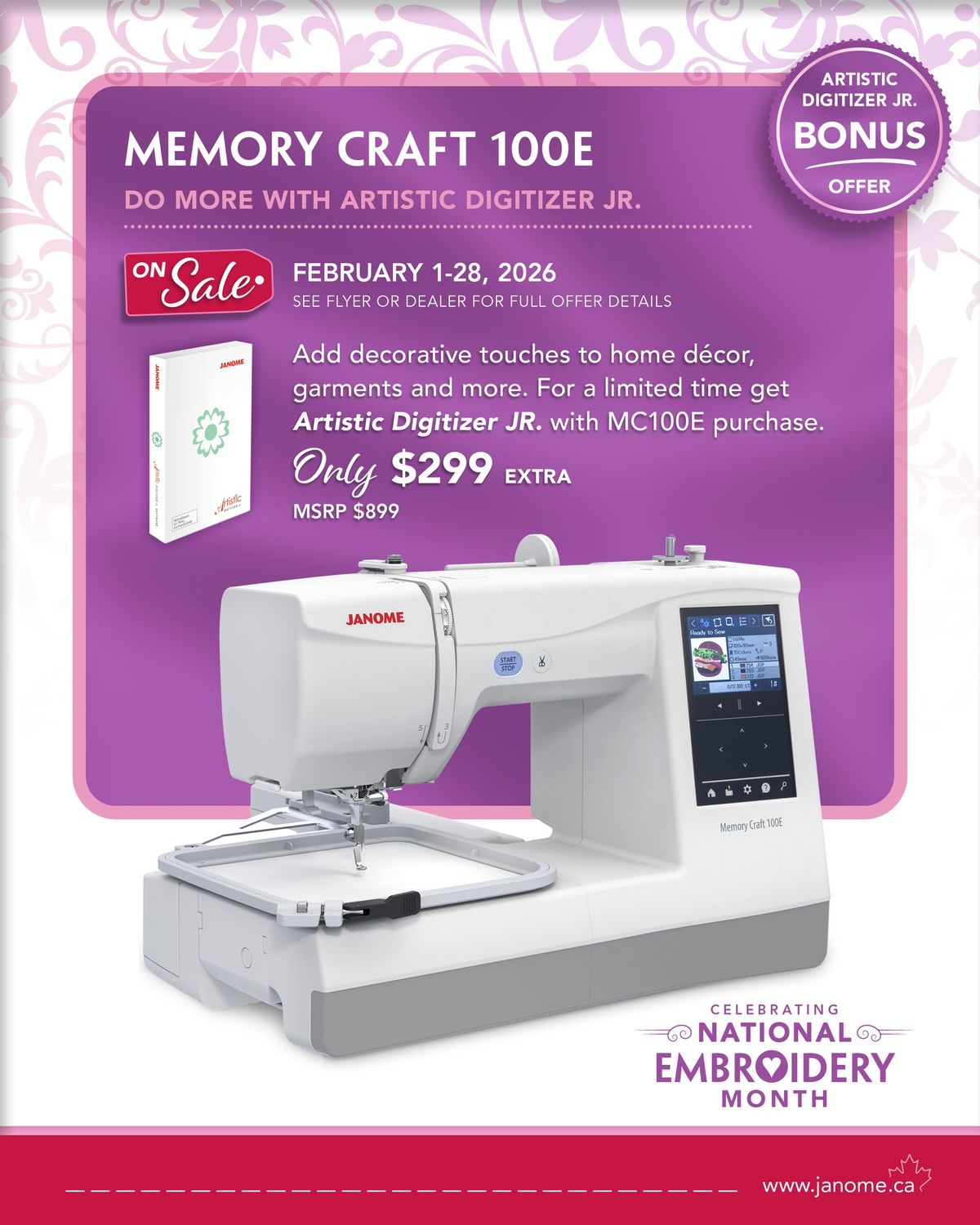 Janome Memory Craft 100E | National Embroidery Month Deal