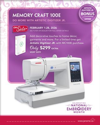 Janome Memory Craft 100E | National Embroidery Month Deal