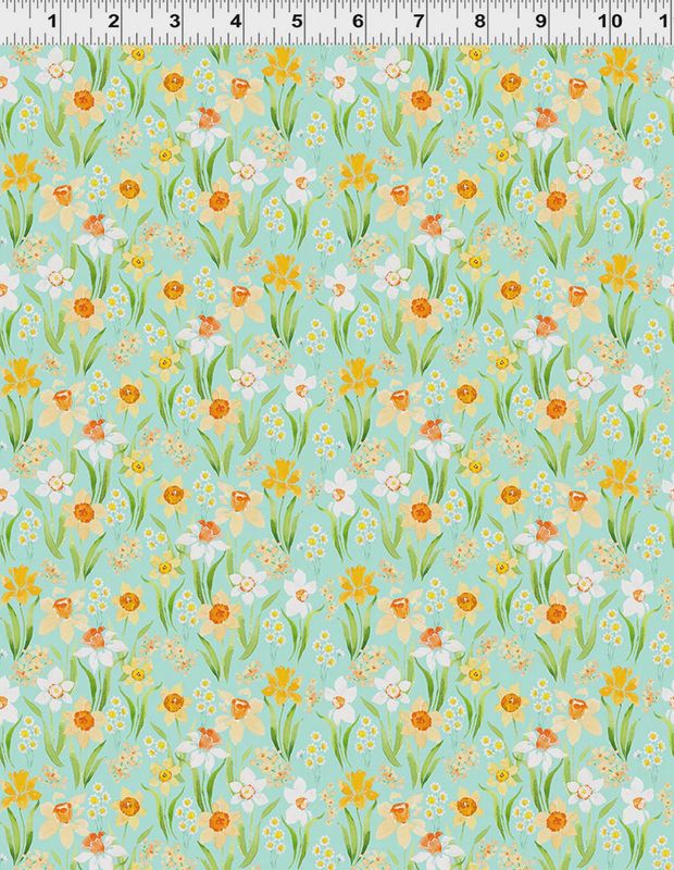 Spring Cheer Daffodils in Light Teal by Heatherlee Chan for Clothworks