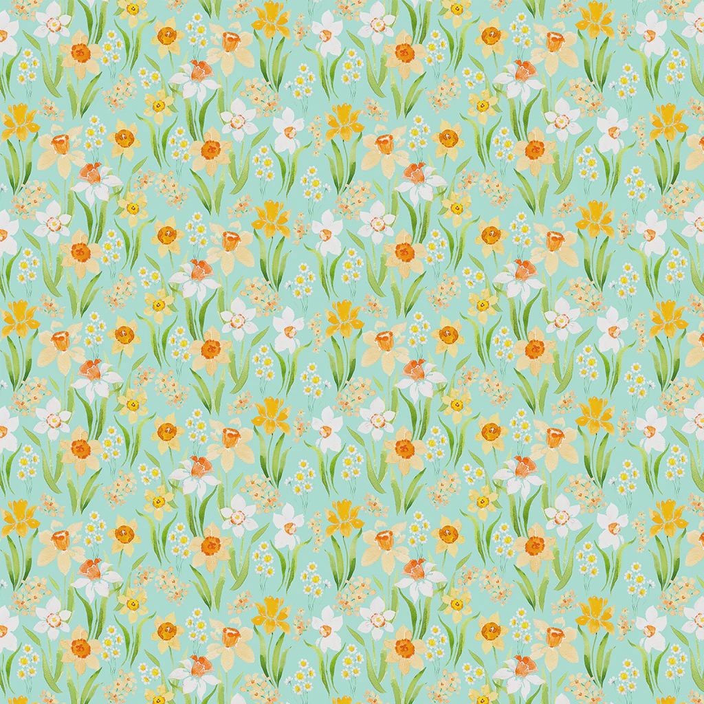 Spring Cheer Daffodils in Light Teal by Heatherlee Chan for Clothworks