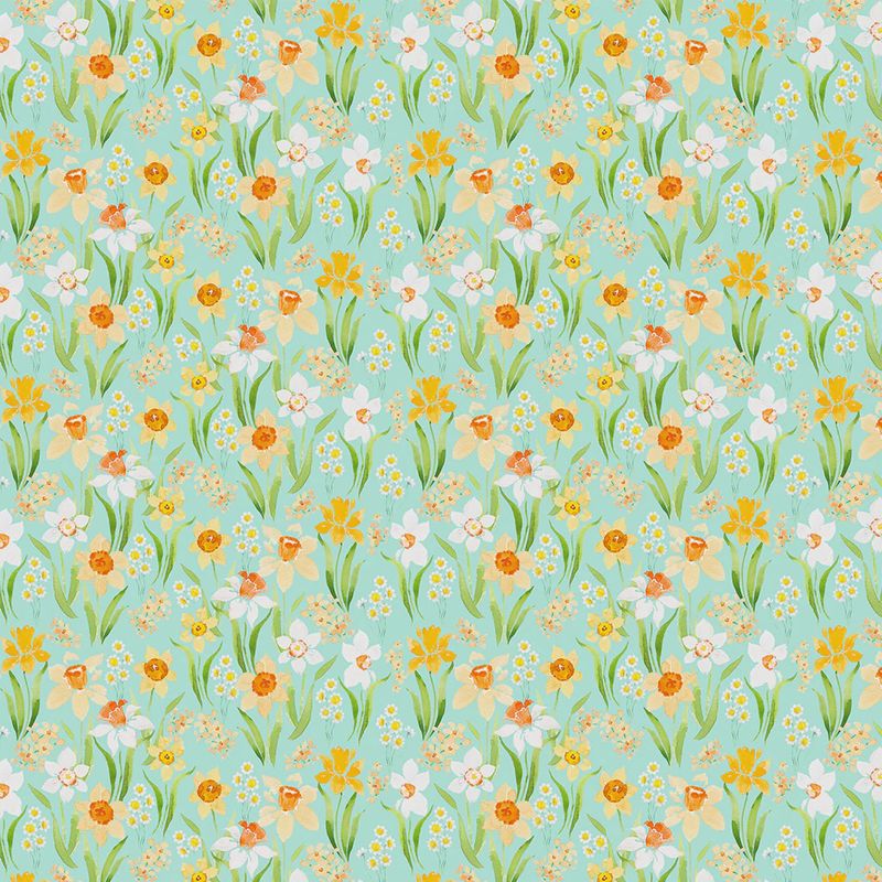 Spring Cheer Daffodils in Light Teal by Heatherlee Chan for Clothworks