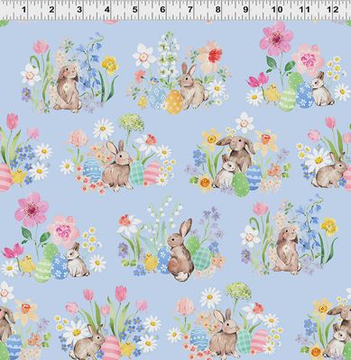 Spring Cheer Rabbits Toile in Light Denim by Heatherlee Chan for Clothworks