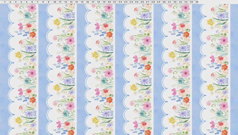 Spring Cheer Pictorial Stripe in Light Denim by Heatherlee Chan for Clothworks