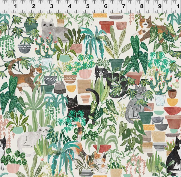Homebodies Hidden Cats in Light Cream by Mary Urban for Clothworks