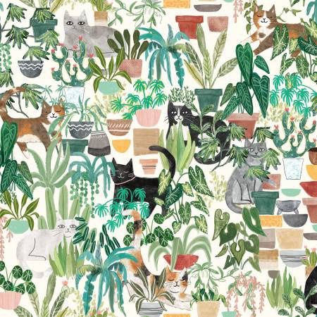 Homebodies Hidden Cats in Light Cream by Mary Urban for Clothworks