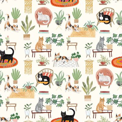 Homebodies House Cats in Light Cream by Mary Urban for Clothworks