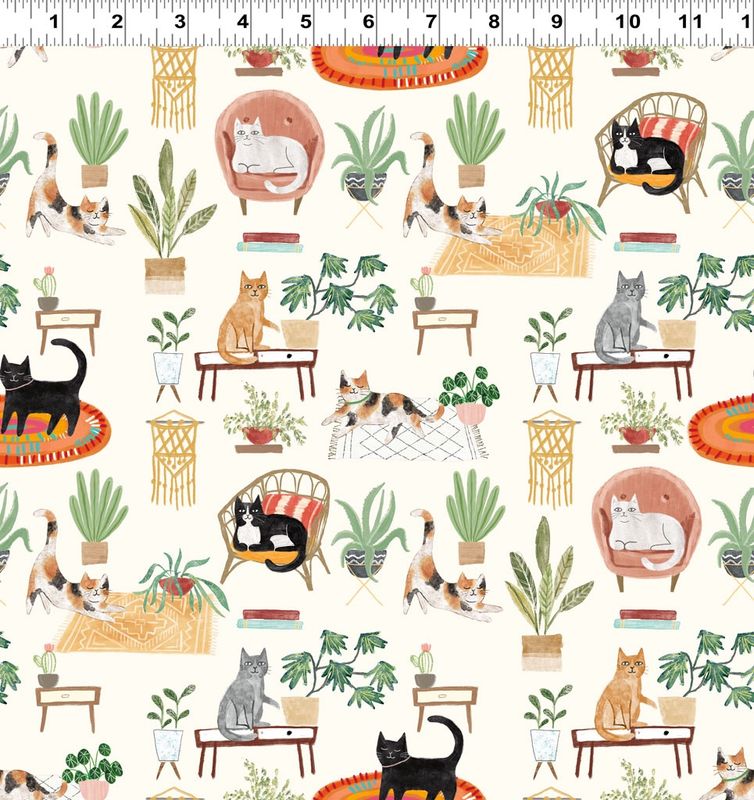 Homebodies House Cats in Light Cream by Mary Urban for Clothworks