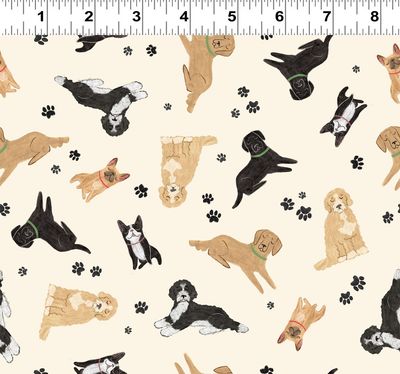 Homebodies Tossed Dogs in Cream by Mary Urban for Clothworks