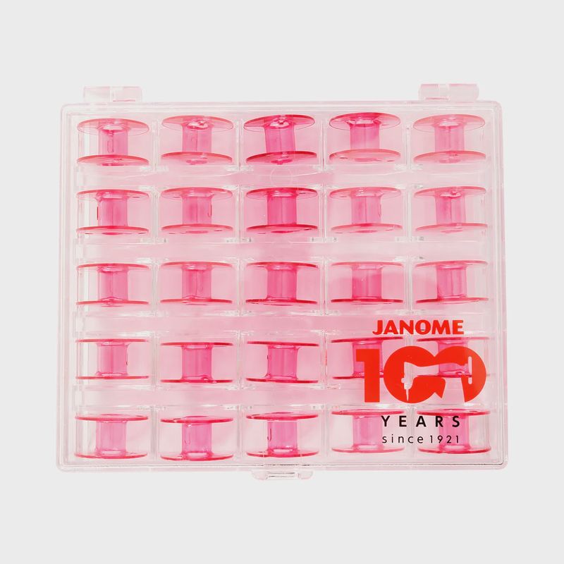 Janome 100th Pink Bobbins with Clear Case - 25 pk