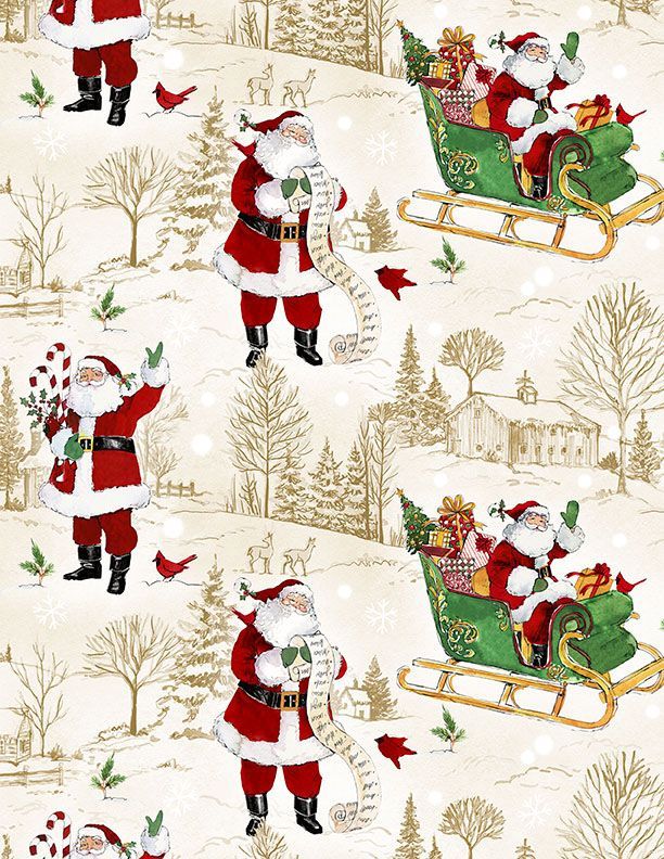 The Jolly North | Scenic Toile and Santas in Cream | by Anne Tavoletti for Wilmington Prints 18061-213