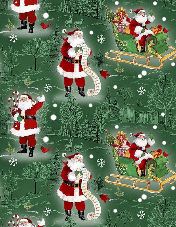 The Jolly North | Scenic Toile and Santas in Green | by Anne Tavoletti for Wilmington Prints 18061-713
