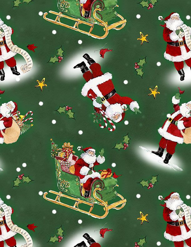 The Jolly North | Tossed Santas in Green | by Anne Tavoletti for Wilmington Prints 18062-773