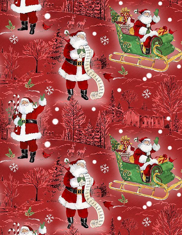 The Jolly North | Scenic Toile and Santas in Red | by Anne Tavoletti for Wilmington Prints 18061-313