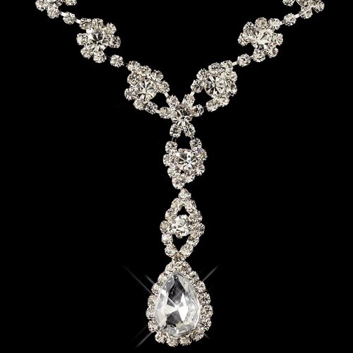 Silver Clear Rhinestone Flower Drop Jewelry Set