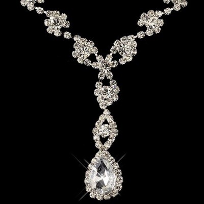 Silver Clear Rhinestone Flower Drop Jewelry Set