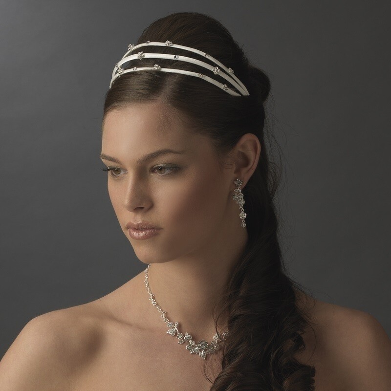 Charming White Flower Headband w/ Clear Crystals