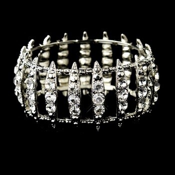 Antique Silver Clear Crystal Bridal Stretch Cuff Bracelet