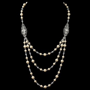 Silver Ivory 3 Row Pearl Back Dangle Necklace