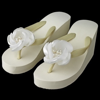 Flower High Wedge Flip Flops with Rhinestone &amp; Pearl Accents