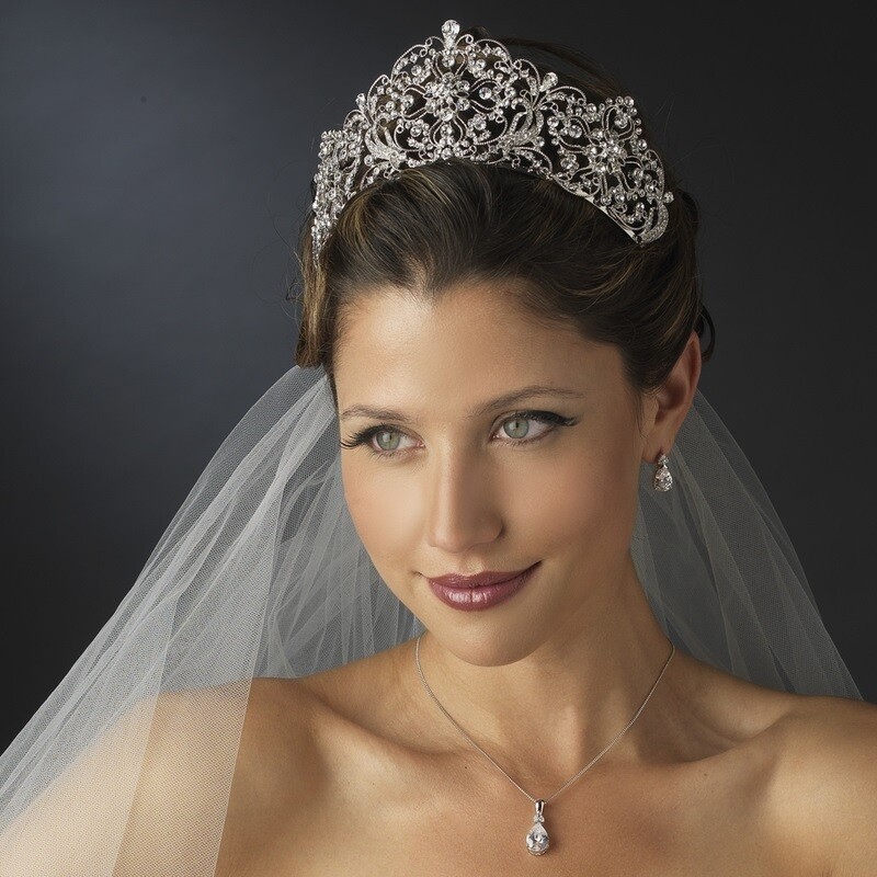 Antique Silver Rhodium Clear Rhinestone Bridal Royal Tiara