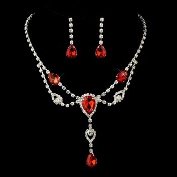 Red Rhinestone Necklace &amp; Earrings