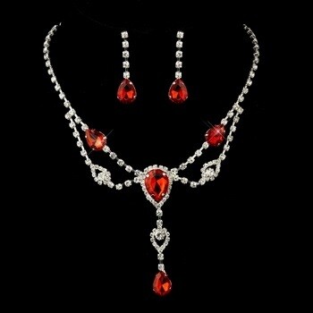 Red Rhinestone Necklace & Earrings