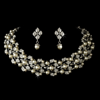 Silver Diamond White Necklace & Earrings Jewelry Set