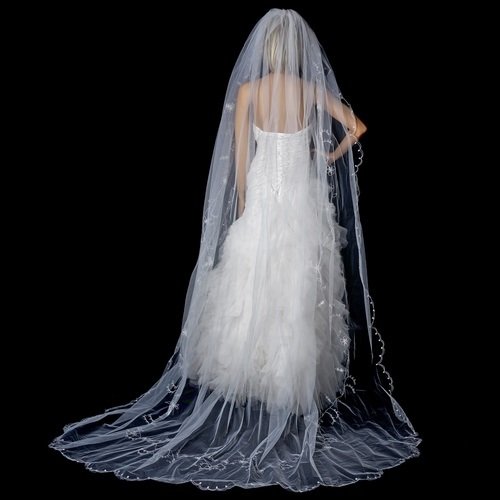 Single Tier Cathedral Veil Accented in Flower Embroidery & Crystals