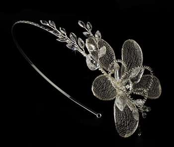 Silver Dainty Flower Rhinestone Mesh Bridal Headband