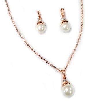 Rose Gold Ivory Pearl & CZ Pendant Jewelry Set