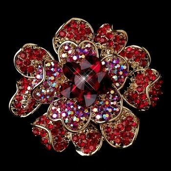 Gold Two Tone Red AB Flower Brooch