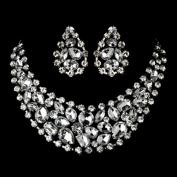 Rhodium Silver Clear Necklace Earring Set