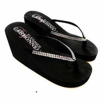 Crystals ~ Black High Wedge Flip Flops